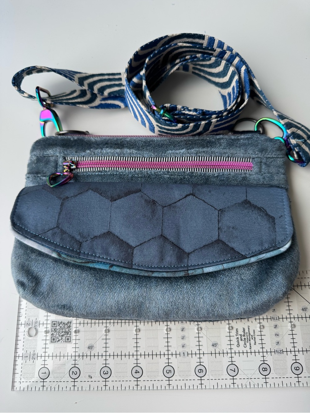 SWB Crossbody Shoulder Bag - Blue Hex Cotton with Patterned Strap